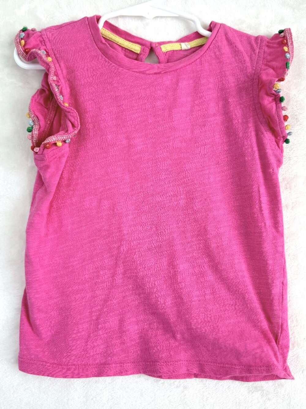 Mini Boden Girls Flutter Sleeve Pom Pom Cotton T Shirt 4-5 Years Pink Colorful